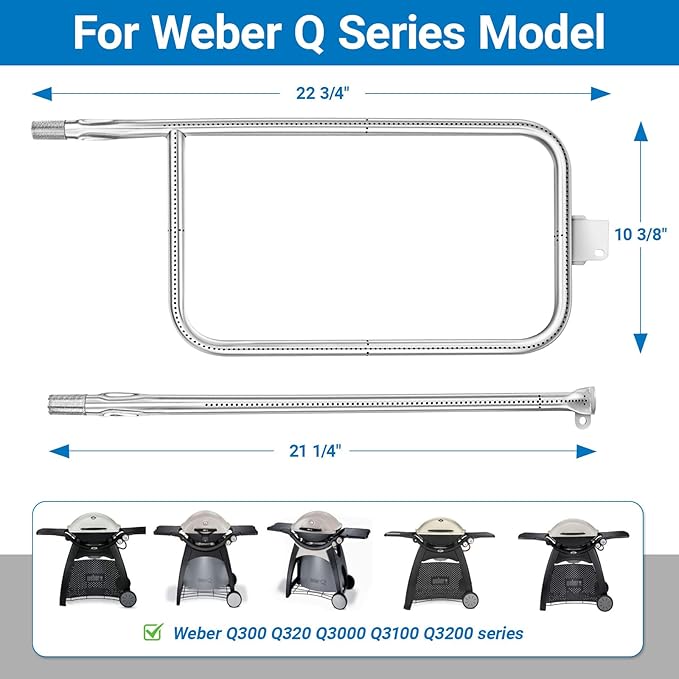 Uniflasy 65032 Grill Burner Tube for Weber Q3200, Q300, Q320, Q3000, 404341, 57060001, 586002 Gas Grills, 304 Stainless Steel Grill Replacement Burner for Weber Q Series 60036, 80385