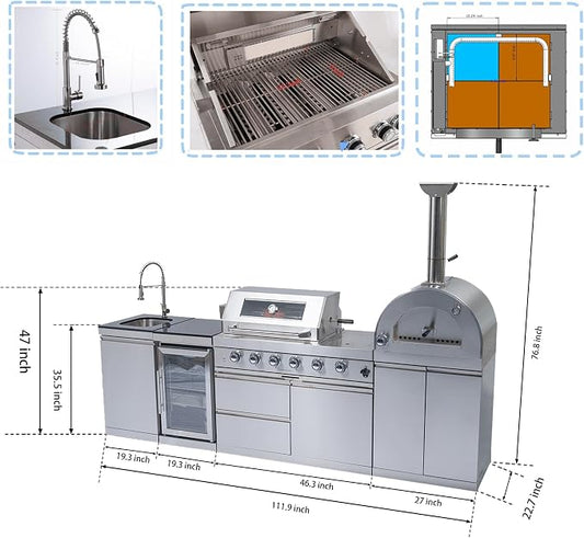 112" Outdoor Kitchen,4 burners 108000 BTU Double Stainless Steel Propane Gas BBQ, Silver, with Pizza Oven, Wine Cooler, Refrigerator, Rotisserie, Granite Countertops & Storage Cabinets