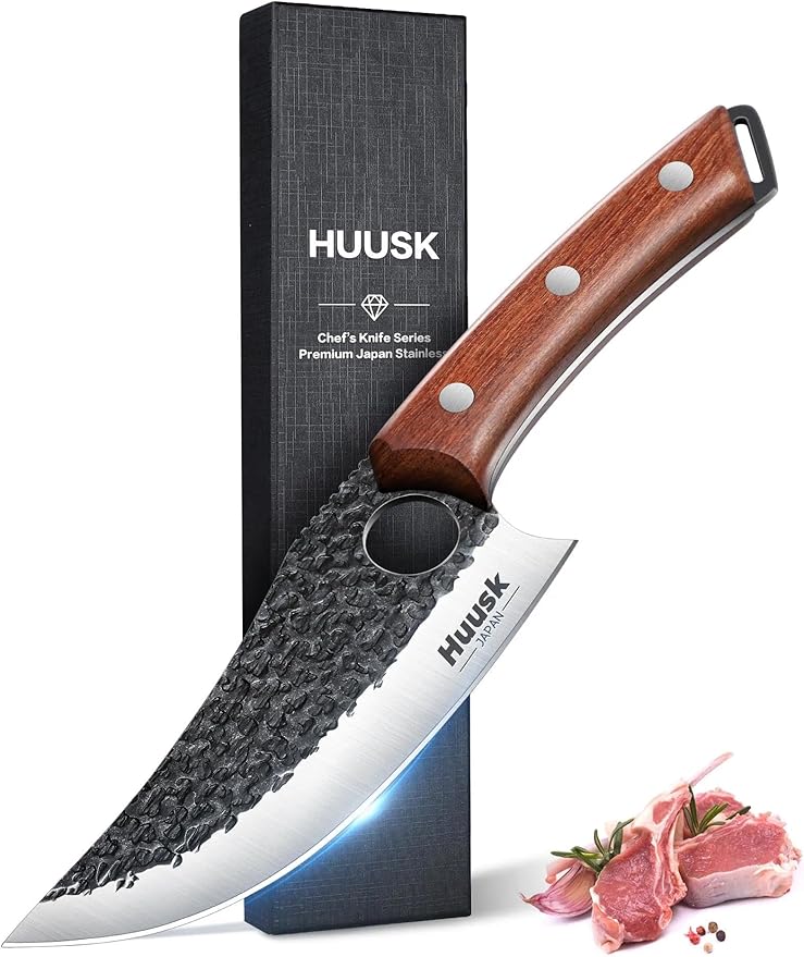 Huusk Viking Knife, Japanese Butcher Knife for Meat Cutting, Hand Forged Boning Knives with Ergonomic Wood Handle, High Carbon Steel Japanese Chef Knifes for Camping, BBQ, Knives for Men's Gifts