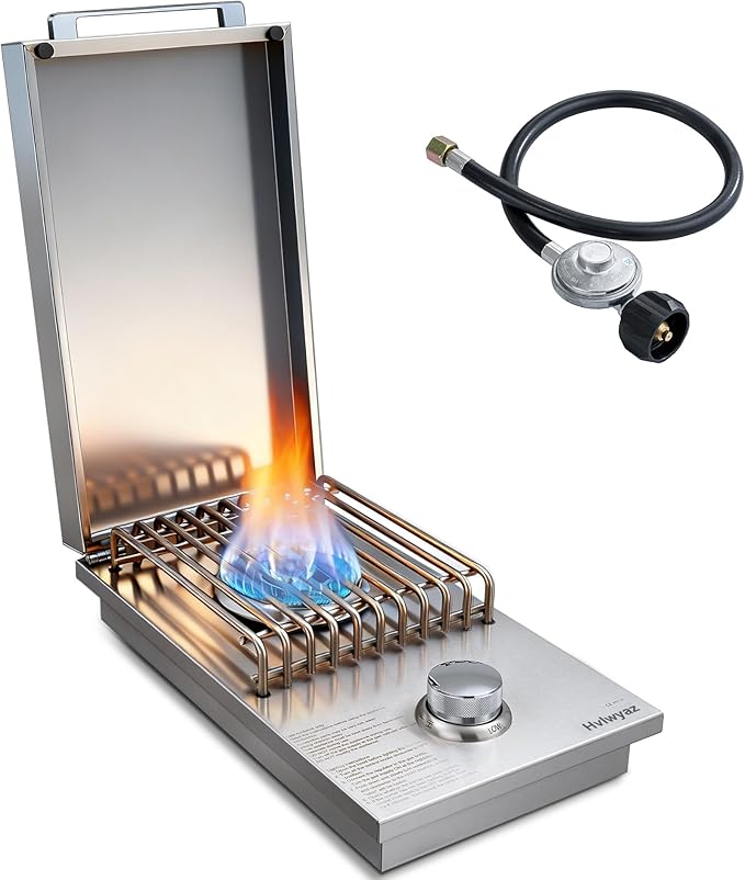 Built-in Single Side Grill Burner with Cover, Silver 304 Stainless Steel Side Burner for Outdoor Kitchen, Propane & Natural Gas, Outdoor BBQ for Family Patio Parties