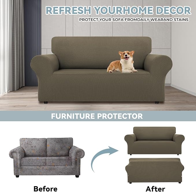 LURKA Stretch Loveseat Sofa Slipcovers 1 Piece Couch Covers for Sofa Furniture Protector Full Sofa Covers with Elastic Bottom for Kids and Dog (Medium, Khaki)