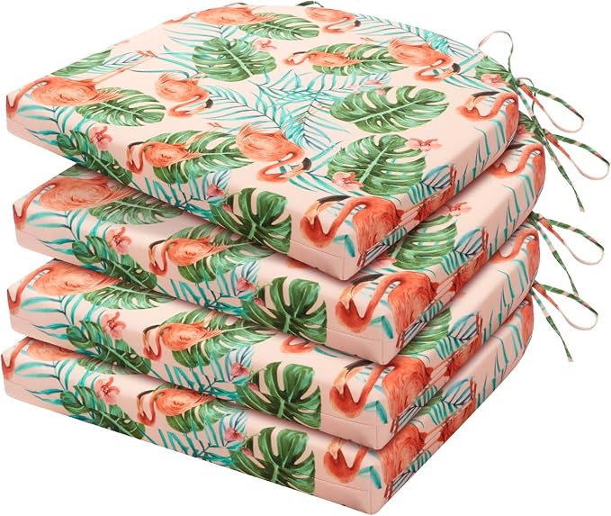 HARBOREST Outdoor Chair Cushions Set of 4, Water Resistant Patio Chair Cushions with Ties, Outdoor Seat Cushions for Patio Furniture, 17"x16"x2", Flamingo