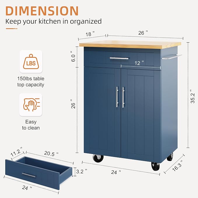 Shintenchi Kitchen Island cart with Storage, Portable Bar Cabinet on Wheels, Rolling Microwave Cart Side Table with Workstation for Kitchen, Dinning Room, Blue