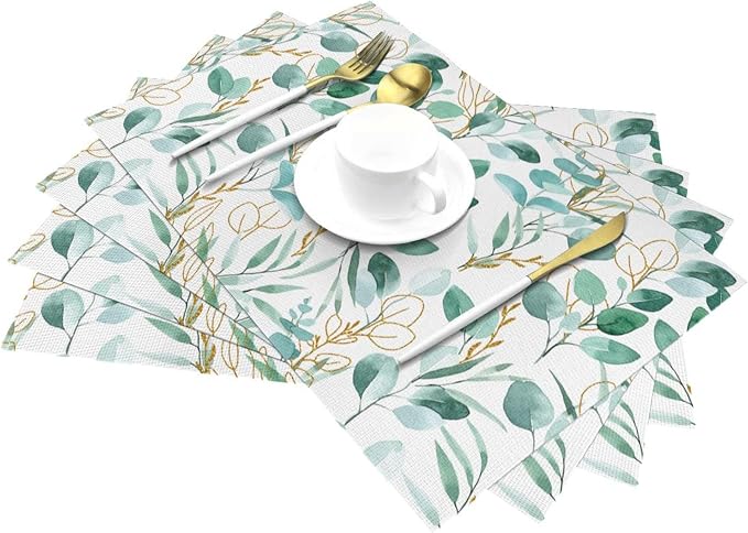 Sage Green Leaves Placemats Set of 4 Cute Botanical Dining Table Mat | 12"x18" Washable Place Mats for Kitchen Dinner Spring Summer Parties Wedding Decorative