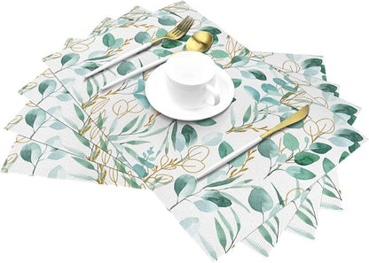 Sage Green Leaves Placemats Set of 4 Cute Botanical Dining Table Mat | 12"x18" Washable Place Mats for Kitchen Dinner Spring Summer Parties Wedding Decorative