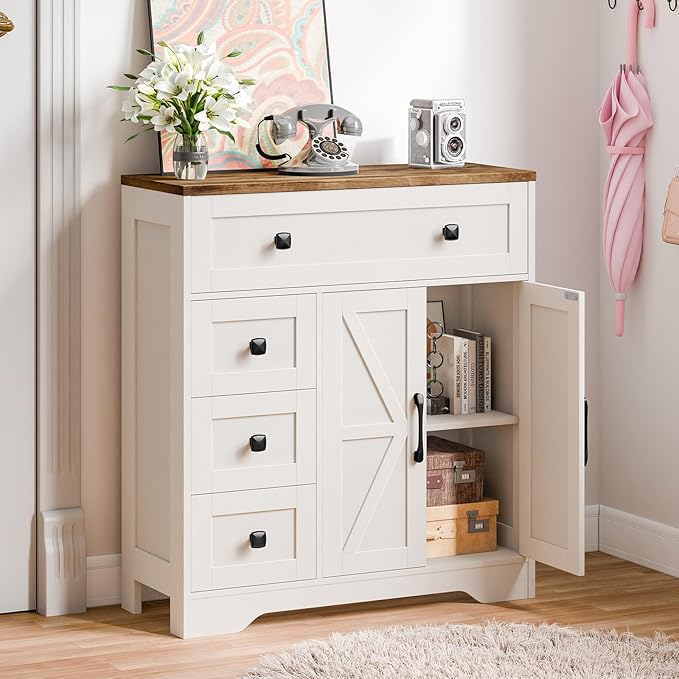 Vabches Farmhouse Storage Cabinet with 2 Doors and 4 Drawers, Freestanding Bathroom Storage Cabinet Kitchen Pantry, Floor Hutch Cupboard for Living Room/Bathroom/Kitchen.(Antique White