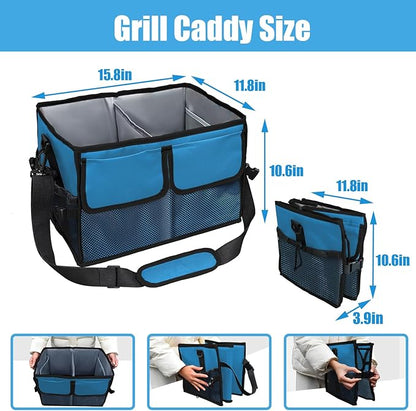 Large Grill Caddy with Paper Towel Holder - BBQ Caddy Organizer for Utensil, Condiment - Easy Carry Picnic Bag - Griddle Bag for Camping, Travel, RV - 600D Waterproof Oxford Fabric, Blue