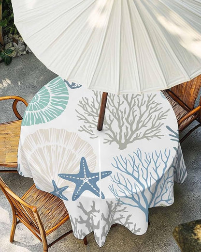 Coastal Outdoor Tablecloth - 60 Inch Round Dining Table Cover, Blue Teal Coral Summer Beach Ocean Starfish Waterproof Outdoor Table Cloth with Umbrella Hole & Zipper for Picnic/Patio/Party