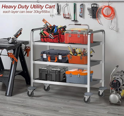 tonchean Extra Large 3 Tier Stainless Steel Cart 37.4 x 19.7 x 37.4 Inch | Kitchen Trolley Cart Serving Cart Kitchen Utility Rolling Cart Service Catering Storage Cart with Locking Wheels