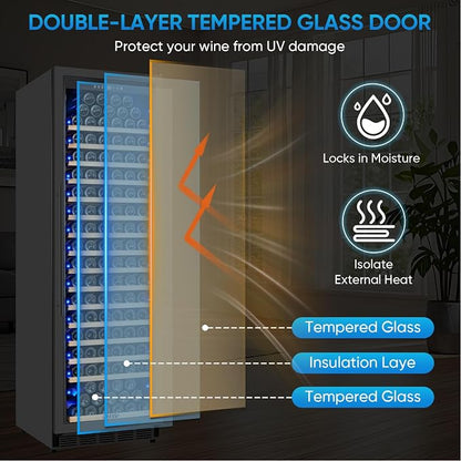 Large Wine Fridge, 200 Bottles Wine Fridge with Fast Cooling and Intelligent Temperature Memory, Wine Cooler Refrigerator Freestanding or Built-in, Tall Wine Refrigerator with Glass Door, Black
