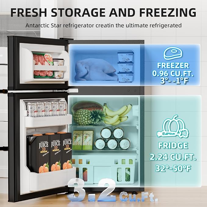 Antarctic Star Compact Refrigerator,4.5 Cu.Ft. Mini Separate Freezer Double 2-Door Adjustable Removable Shelves for Apartment/Dorm/Office,BLACK