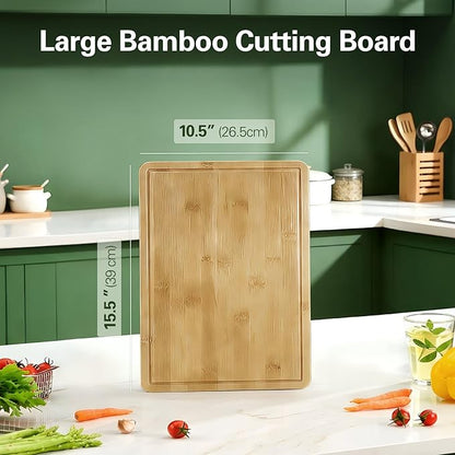Zarler Bamboo Cutting Boards for Kitchen, 15.5x10.5 Durable Wood Cutting Board with Juice Grooves and Handles, Wooden Chopping Board for Meal Prep, XL Size, Ideal Kitchen Gift