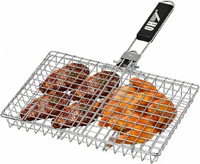 Portable BBQ Grill Basket, 12.6x8.8x 1.34 Inch, Stainless Steel Folding Portable Outdoor Camping Rack for Fish, Shrimp, Vegetables, Cooking Accessories, Gifts for Dad, husband, Friends （Includes Carry Bag）