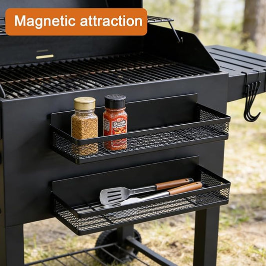 2-Pack Magnetic Storage Bin for Charcoal Grill with 8 Hooks, Shelf for Outdoor Smoker, Food-Grade BBQ Tool Organizer for Pellet Grill, Black