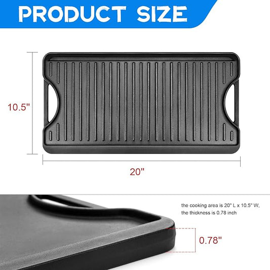 GGC Cast Iron Reversible Griddle, 2-in-1 Griddle Pan for Gas Stove Tops, Gas Grills and Camping, 20 x 10.5 Flat and Ribbed Griddle Plate for Indoor and Outdoor Cooking
