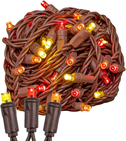 Novelty Lights 50ft 100 LED Yellow, Red, Orange Christmas String Lights | 6 Inch Spacing on Brown Wire, UL Listed IP55 Commercial Grade Xmas Lights, Outdoor & Indoor, Dimmable, Connectable & Patio