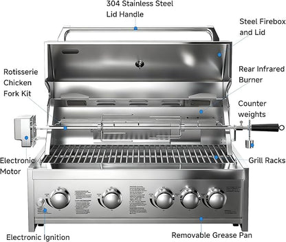 BODEGA 5 Burner Built In Gas Grill Island Head, Stainless Steel 30 Inch Propane Grill with Rear Burner, 58000 BTUs, 988.5 SQ In Racks, Dual Fuel Compatibility, Gas Grill Outdoor Cooking, BBQ Fork Kit.