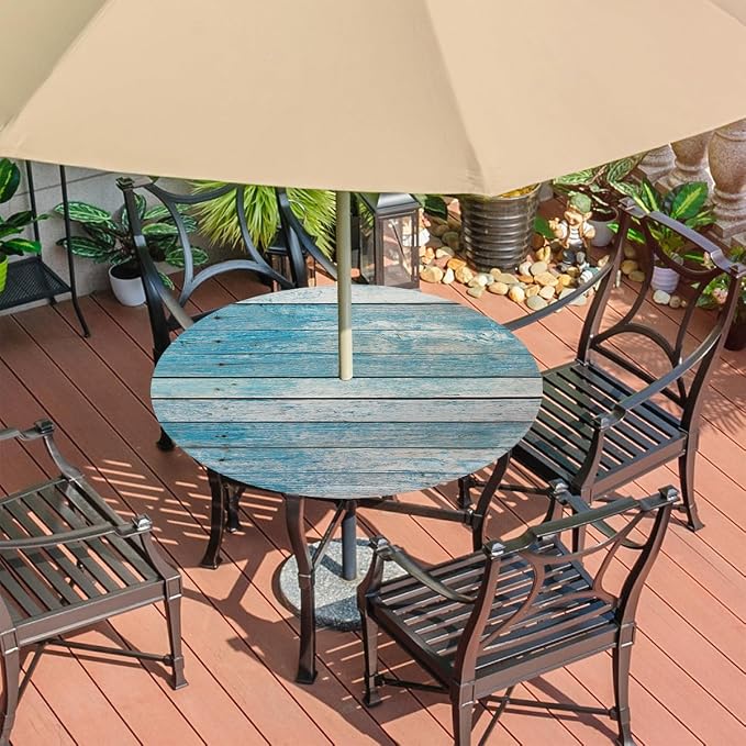 Outdoor Round Tablecloth with Umbrella Hole, Blue Wooden Fitted Table Cloth with Elastic 45"-56" Waterproof Oil-Proof Circle Patio Table Cover for Picnic Camping Party