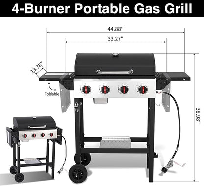 4 Burner Propane Gas Grill, Portable BBQ Grill with Cast Iron Grate & Griddle Pan, Folding Side Table for Camping Backyard, 40000 BTU Easy-Clean Outdoor Cooking