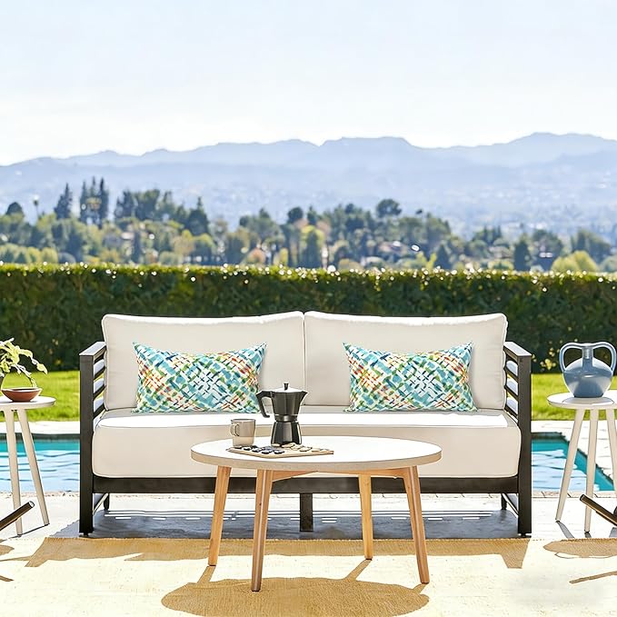 LVTXIII Outdoor Lumbar Pillow Covers, Patio Decorative Lumbar Pillow Cases ONLY, Fluffy Fade-Resistant Lumbar Cushion Cases for Home Balcony and Garden, 12x20 Inch, Pack of 2, Acapa Opal Geometric