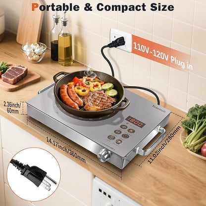 Single Burner Electric Cooktop, Protable Electric Stove with Handle, Countertop Ceramic Stove top for Camping, Home, RVs, Child Lock, Timer, Steam, BBQ, Stir Fry,110V - 120V Plug in, Grey