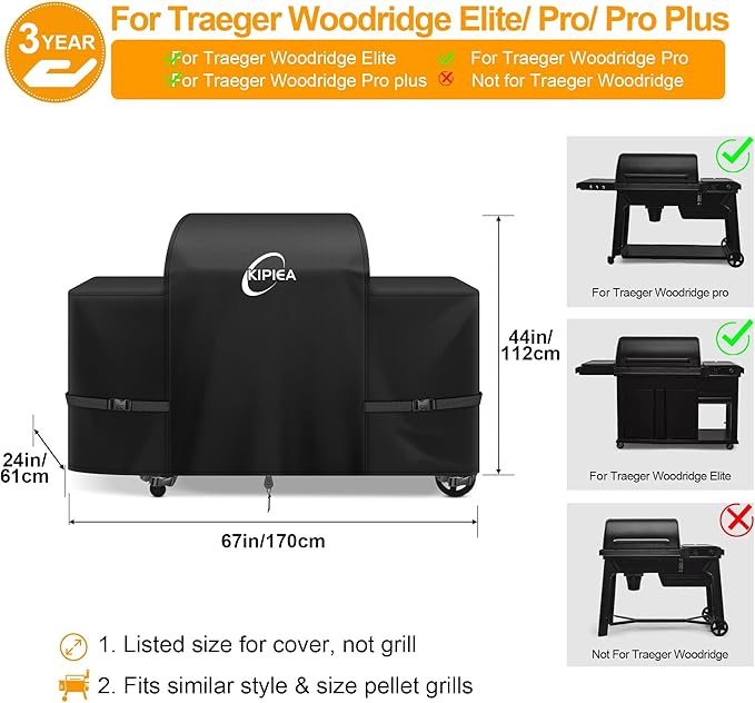 Kipiea Heavy Duty Grill Cover for Traeger Woodridge Elite/Pro/Pro Plus, 600D Oxford Wood Pellet Smoker Covers Waterproof & Windproof, Pellet BBQ Grill Cover for Outside Anti-UV, No Tear, No Fading