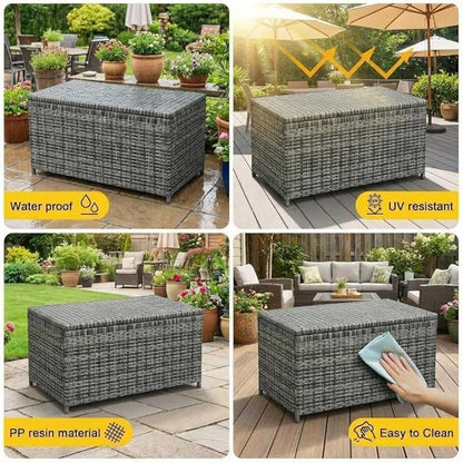 GarveeLife Medium Outdoor Wicker Storage Box, PE Rattan Patio Storage Chest with Steel Frame, Compact Deck Storage Box for Cushions, Toys & Outdoor Essentials – Brown Wicker