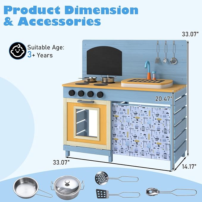 INFANS Mud Kitchen, Wood Pretend Play Kitchen with Running Water Removable Sand Sink Cover Cloth Faucet Chalkboard Stoves Toddle