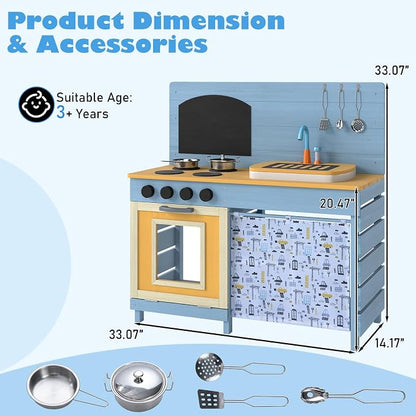 INFANS Mud Kitchen, Wood Pretend Play Kitchen with Running Water Removable Sand Sink Cover Cloth Faucet Chalkboard Stoves Toddle