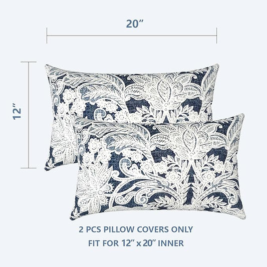 LVTXIII Outdoor Lumbar Pillow Covers Set of 2 Patio Decorative Pillow Cases, Water Repellent Lumbar Cushion Cases for Sofa, Patio Couch Garden Use, 12x20 Inch, Damask Lapis