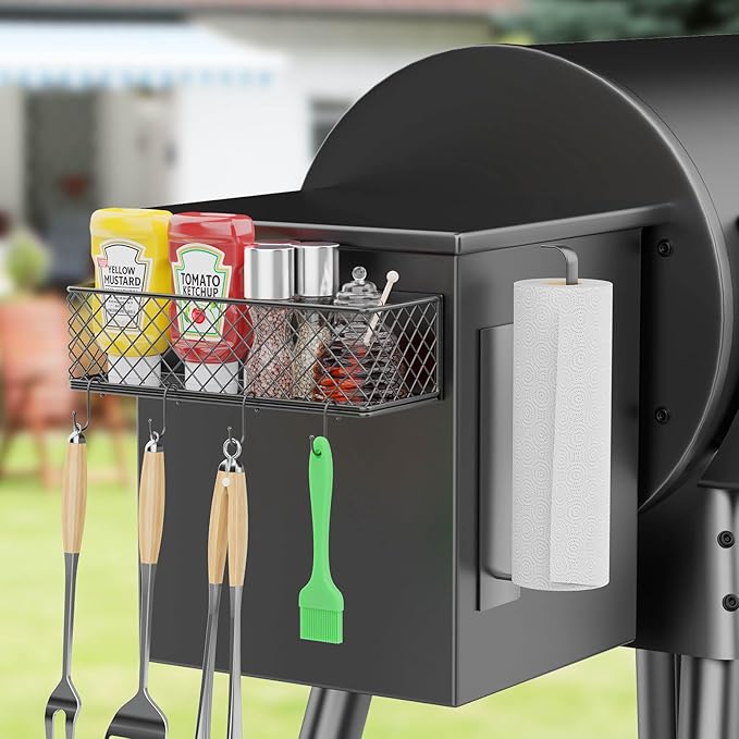 Ormeli 1 Pack Magnetic Storage Bin for Traeger Smoker Grill Caddy with Paper Towel Holder, Grill Basket for Some Models of Traeger/Pit Boss/Z Grill Smoker Accessories, Griddle Caddy for Outdoor