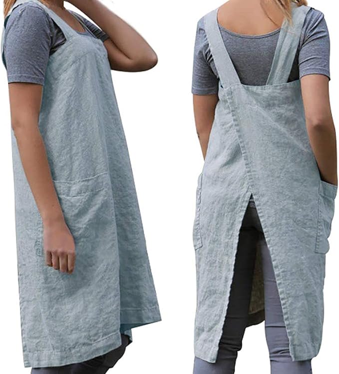 TBA Cotton Linen Apron Cross Back Apron for Women with Big Pockets Square Pinafore Dress for Baking Cooking BBQ & Grill