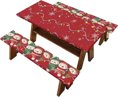 3 PCS Fitted Picnic Table Cover with Bench Cover Fitted Rectangle Tables and Seats Christmas Lights Snowmen Outdoor Picnic Table Cover for Camping