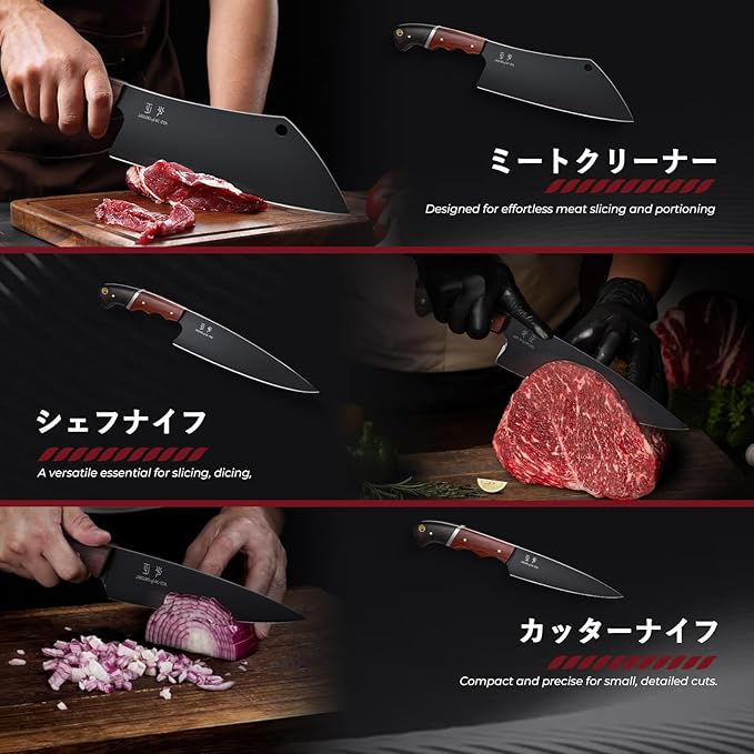DRGSKL Japanese Chef Knife Set - 3 PCS Kitchen Utility Knife Sets for Cooking, Meat Cleaver Knives Set with Full Tang Wooden Handle, Gifts for Men and Women