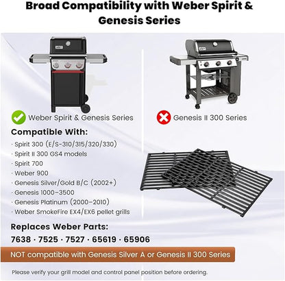 17.5"x11.9" Porcelain-Enameled Cast Iron Grill Grates - Replacement for Weber 7638/7639 | Fits Spirit 300/ Spirit II 300, E/S-310/320/330, Genesis Silver/Gold B/C, 1000-3500