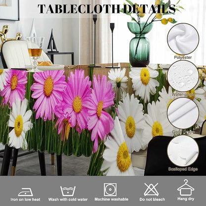 Swono Daisy Flowers Tablecloth Rustic Wooden Colorful Blossom Daisy Rectangle Table Cloth Washable Plaid Table Cover for Kitchen Holiday Dinner, 52x 70 Inch Tablecloth