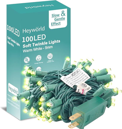 Heyworld Slow Twinkle Christmas Lights, 100 LED 27ft UL Certified Soft String Lights, 5mm Waterproof Fairy Glow for Indoor/Outdoor Christmas, Wedding, Garden Decor