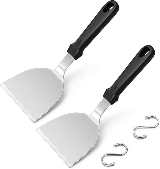 Metal Spatula Set of 2, HaSteeL 10 x 4.7In Stainless Steel Griddle Turner Flipper, Flat Top Griddle Teppanyaki Hibachi Tools for Barbecue Camping Cooking, Plastic Handle & Easy to Clean
