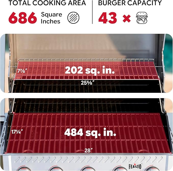 Feasto 5 Burner Propane Gas Grill with Side Burner & Sear Burner, All Stainless Steel BBQ Grill with Porcelain-Enameled Main Cook Chamber & Storage Cabinet for Outdoor Backyard Patio