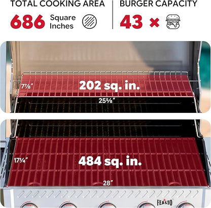 Feasto 5 Burner Propane Gas Grill with Side Burner & Sear Burner, All Stainless Steel BBQ Grill with Porcelain-Enameled Main Cook Chamber & Storage Cabinet for Outdoor Backyard Patio