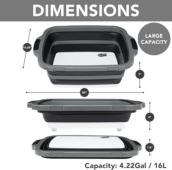 Large Collapsible BBQ Prep Tub with Locking Lid, Basket for Meal Prep Marinating Food Storage, Plastic Cutting Board(4.22 Gal/16L), Camping Sink with Colander, Dish Basin
