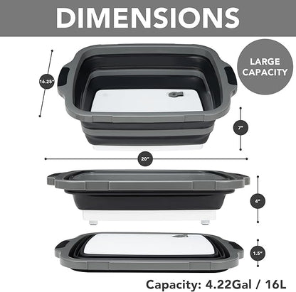 Large Collapsible BBQ Prep Tub with Locking Lid, Basket for Meal Prep Marinating Food Storage, Plastic Cutting Board(4.22 Gal/16L), Camping Sink with Colander, Dish Basin