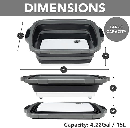 Large Collapsible BBQ Prep Tub with Locking Lid, Basket for Meal Prep Marinating Food Storage, Plastic Cutting Board(4.22 Gal/16L), Camping Sink with Colander, Dish Basin