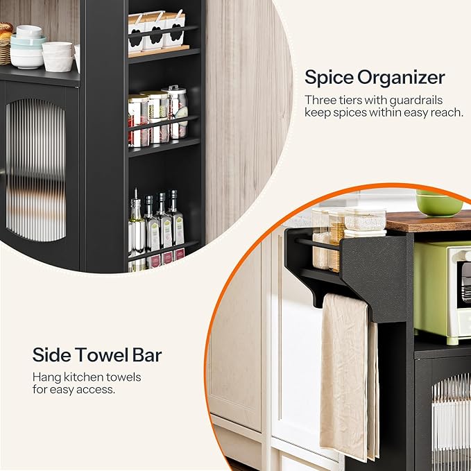 HOOBRO Kitchen Island with Power Outlet, Rolling Kitchen Island with Glass Doors and Open Storage Shelf, Island Table with Spice Rack, Towel Rack for Kitchen, Rustic Brown and Black BF53UZD01