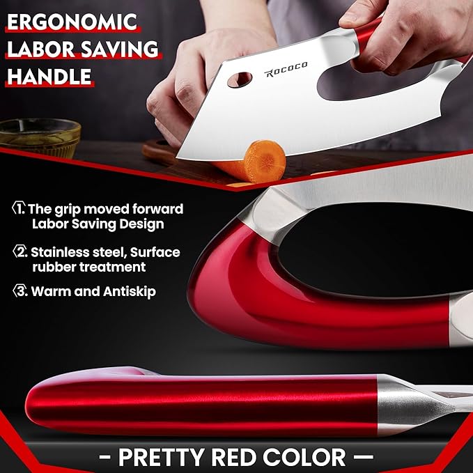 ROCOCO Easy Handle Meat Cleaver - Effort Saving Chef Knife Unique Professional for Kitchen Cutting Meat Vegetable Birthday Gift Red Stainless Steel