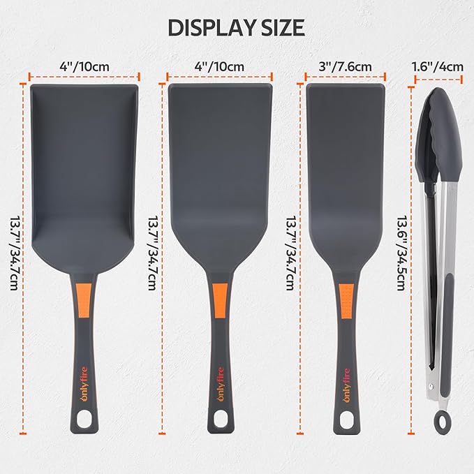 onlyfire 4PCS Non Stick Griddle Kits for Blackstone Grilling Utensil Set Barbecue Accessories Tool for Outdoor Camp Chef and Cooking Including Grill BBQ Spatulas, Griddle Scoop, Barbecue Tong