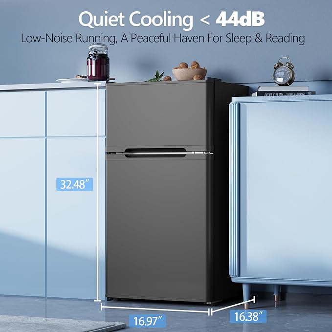 Electactic 2.5 Cu.Ft Double Door Mini Fridge with Freezer, Black Compact Refrigerator for Dorm Office Apartment