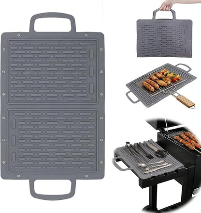 LIONROGE Large Silicone Grill Mat, Foldable Silicone Griddle Tools Spatula Mat with Drip Pad & Handle & Snap Buttons, Portable BBQ Side Shelf Mats Grill Pad for Blackstone Griddles Accessories,Gray