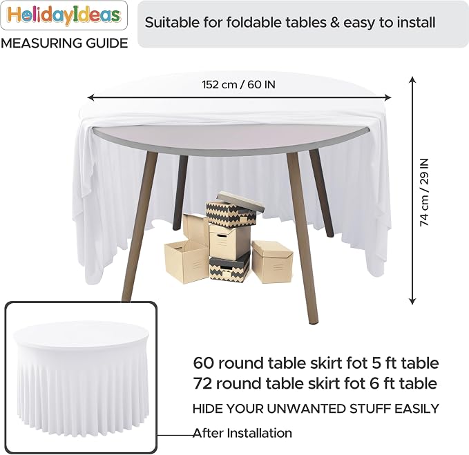 Fitted White Spandex Table Skirts for Wedding Party,60 Inch Round,4 Pack | Spandex Table Covers, For 5 Ft Wedding Cake Tables, Wrinkle Resistant, Ruffle Design Banquets, Baby Showers, Parties