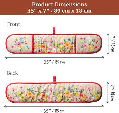 Maison d' Hermine Double Oven Mitts 100% Cotton 7"x35" Double Oven Mitt Heat Resistant BBQ Cooking Gloves with Loop Baking Grilling Kitchen Hotel Home Farmhouse Spring Summer (Jardin D'Ete - Fog)